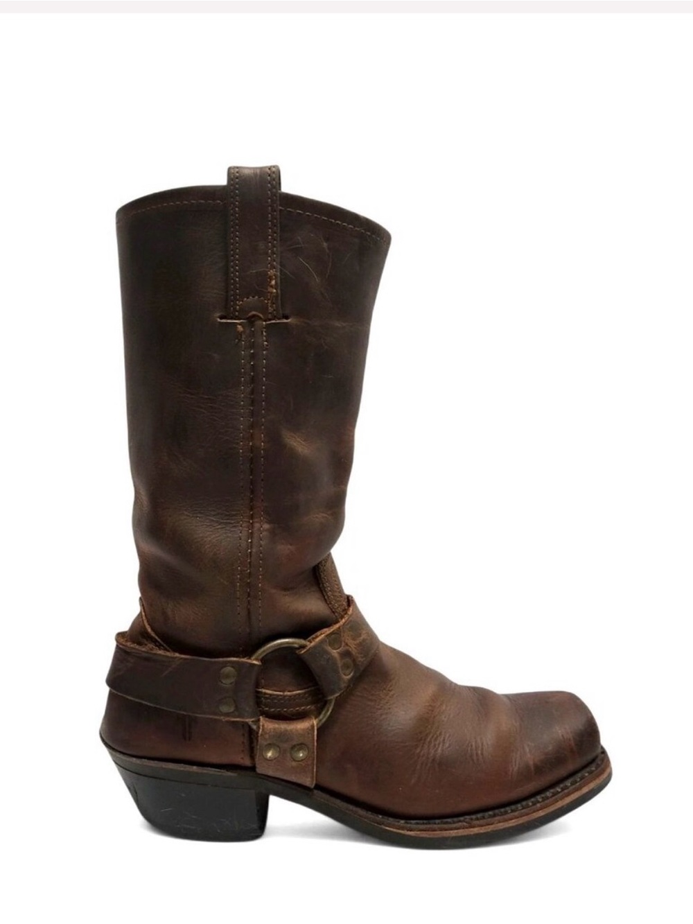 FRYE 7.5 Harness Boot Brown Oiled Leather Western Cowgirl Mid Calf Engineer Moto